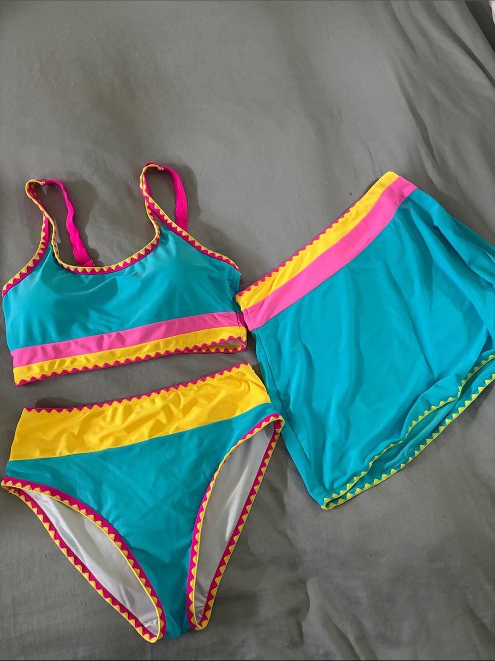 POPVIL Teal & Yellow Colorblock Swim Set with Pink Trim